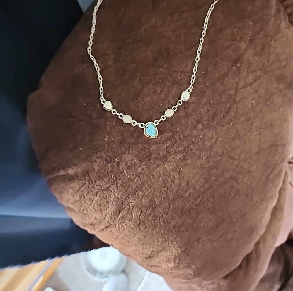 Sterling Silver Necklace with Blue Turquoise and Pink Opal & White Stone Accents - Picture 7 of 7